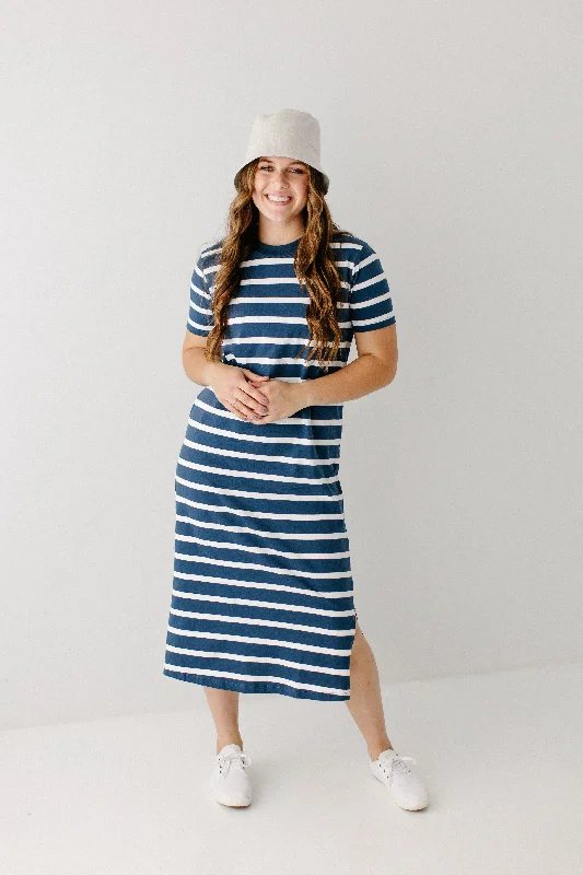 'Lorraine' Cotton Blend Striped Midi Dress in Navy FINAL SALE