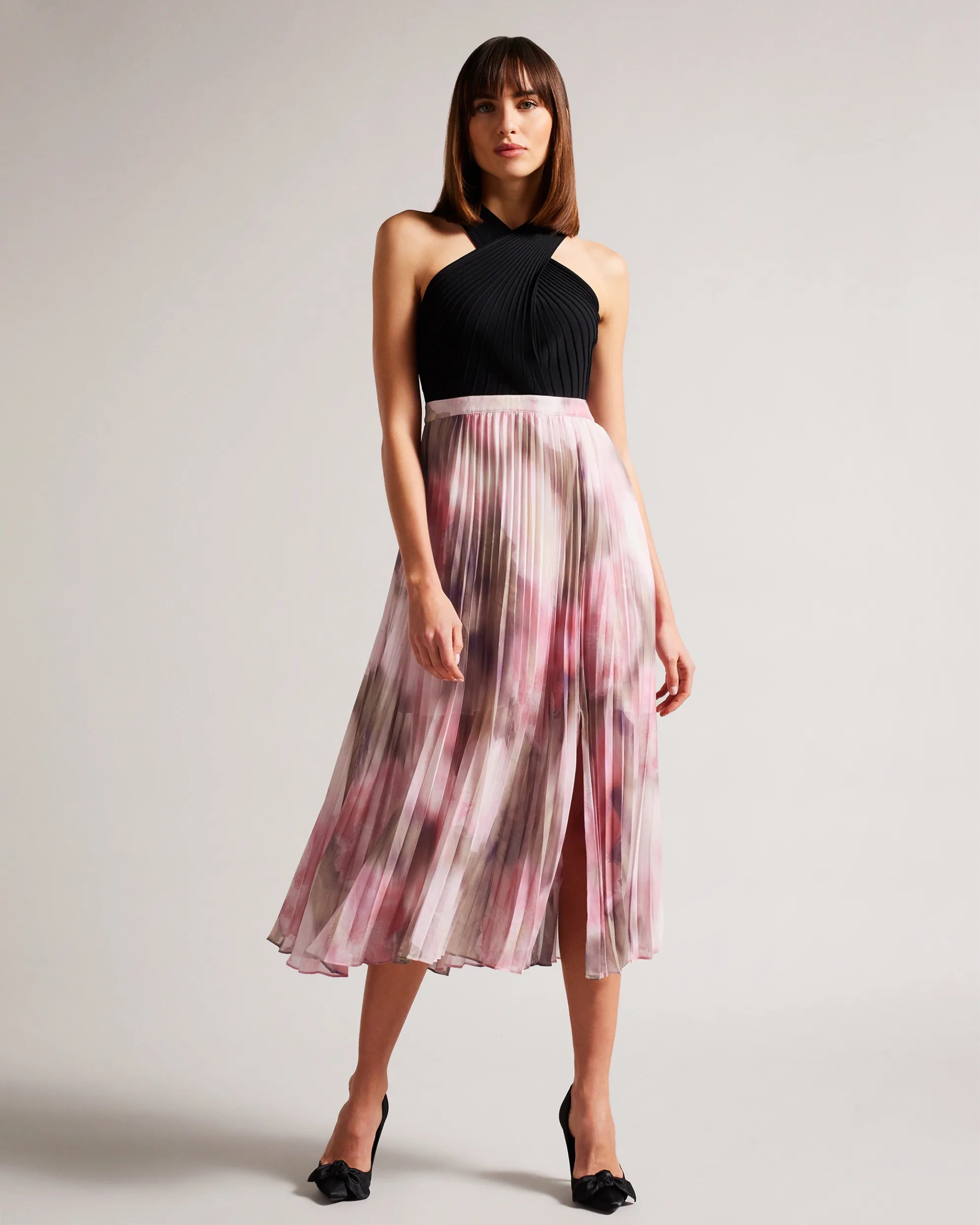 Loulous Pleated Skirt Midi Dress - Coral