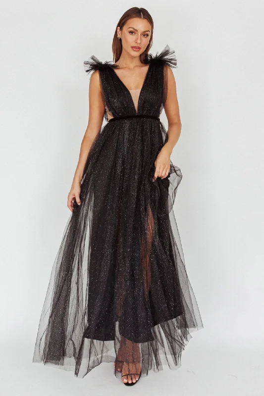 Ludivine Shoulder Accent Mesh Midi Dress Glitter Black