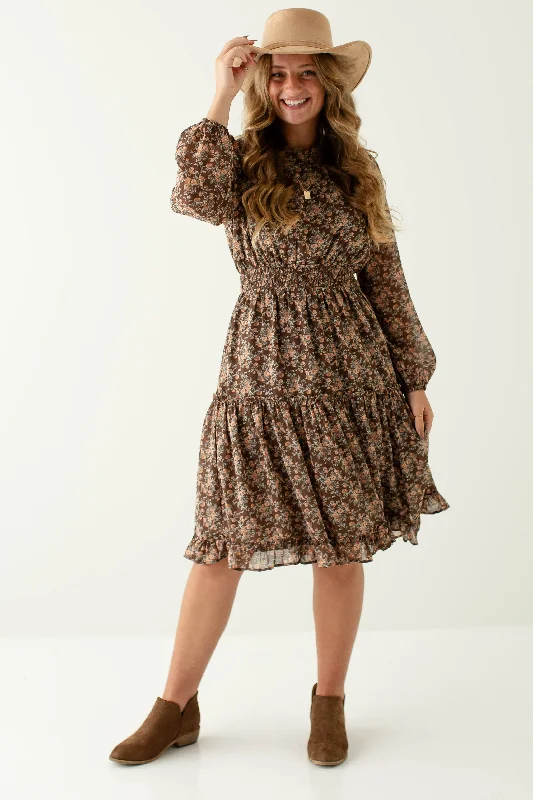 'Margot' Floral Print Ruffle Detail Midi Dress in Brown