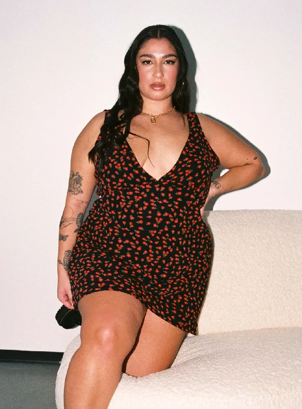 Nellie Mini Dress Black / Red Floral Curve