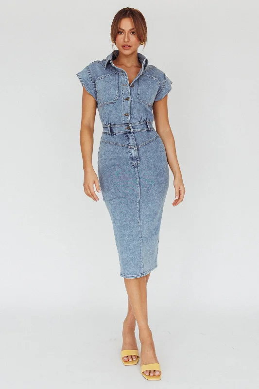 New Day Short Sleeve Button-Up Midi Dress Denim