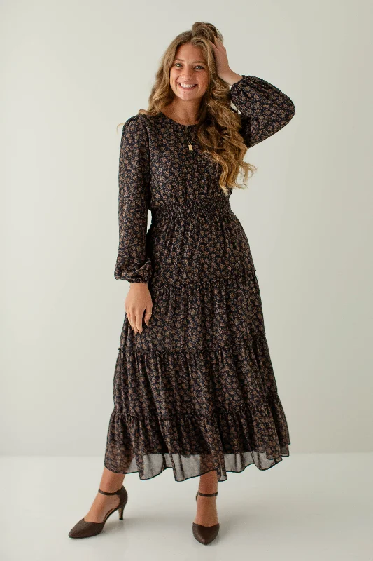 'Ophelia' Smocked Waist Floral Chiffon Maxi Dress in Navy