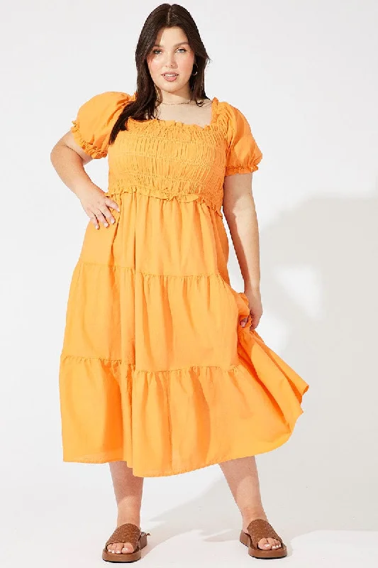 Orange Midi Dress Short Sleeve Shirred