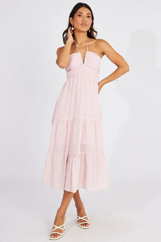 Pink Maxi Dress Halter Neck Tiered