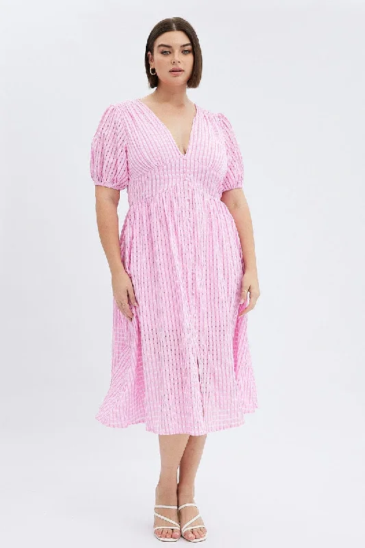 Pink Midi Dress Short Puff Sleeve Check