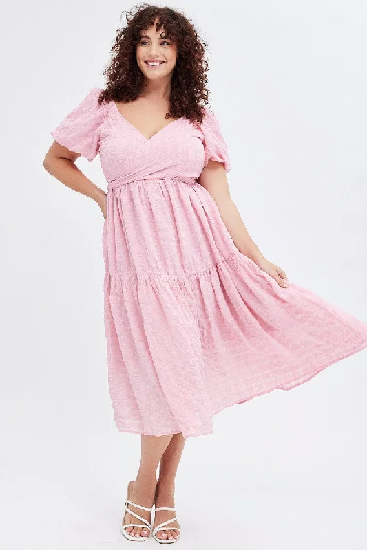 Pink Midi Dress Textured Cross Front