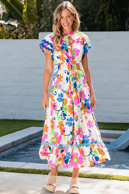 Ricrac Trim Flutter Sleeve Buttoned Floral Maxi Dress