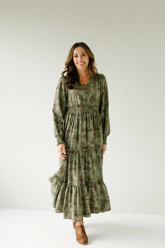 'Poetry' Abstract Floral Chiffon Maxi Dress in Oak Moss