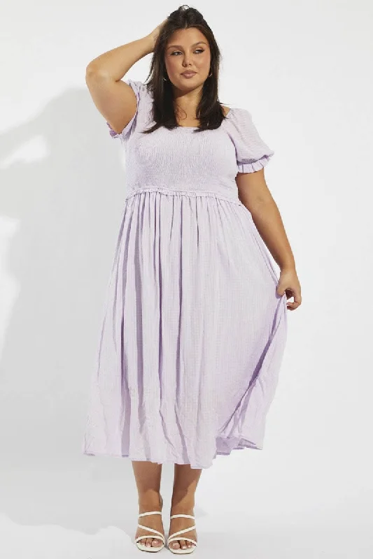 Purple Midi Dress Short Sleeve Shirred