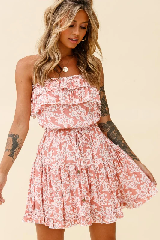 Raquel Strapless Layered Dress Floral Print Blush