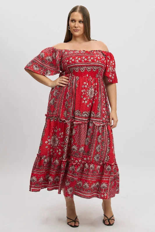 Red Boho Maxi Dress Short Sleeve Tiered