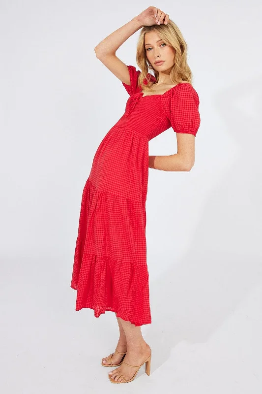 Red Midi Dress Short Sleeve Shirred