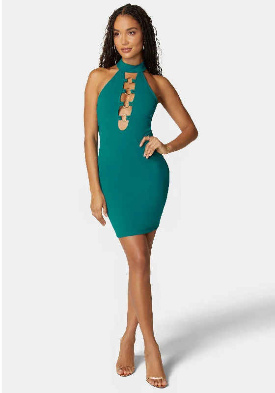 Ring Detail Plunge Neck Mini Dress