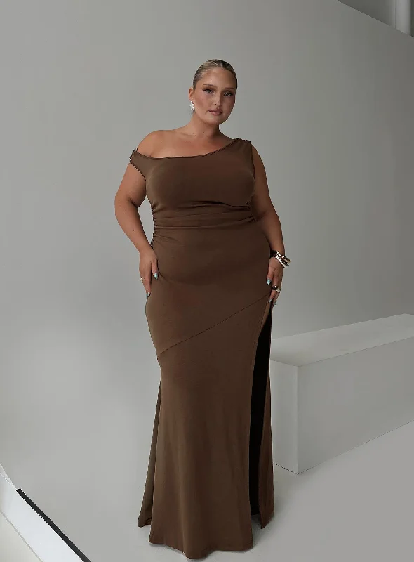 Rios One Shoulder Maxi Dress Brown Curve