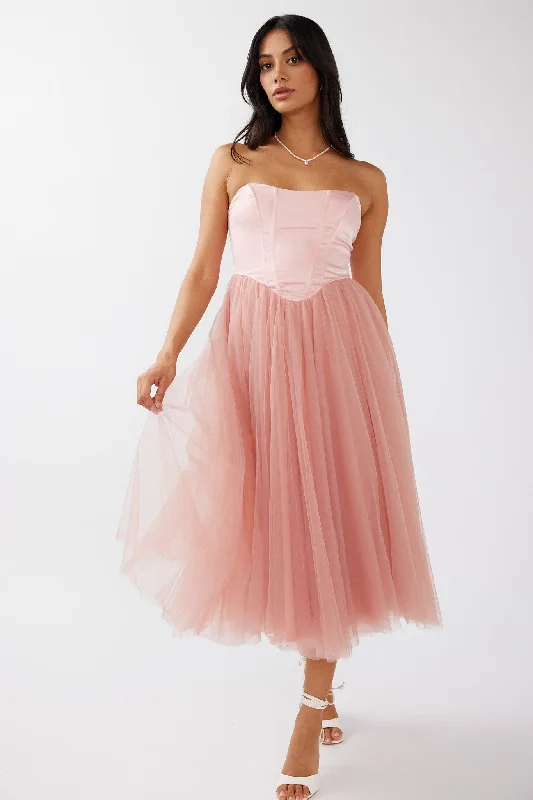 Rosemary Tulle Bustier Midi Dress Pink