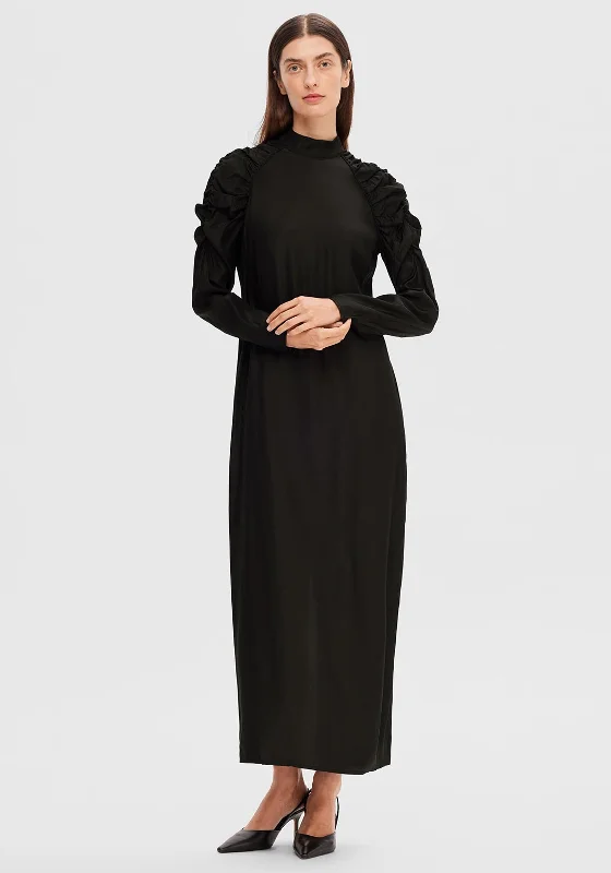 Selected Femme Nora Ruched Shoulder Detail Long Dress, Black