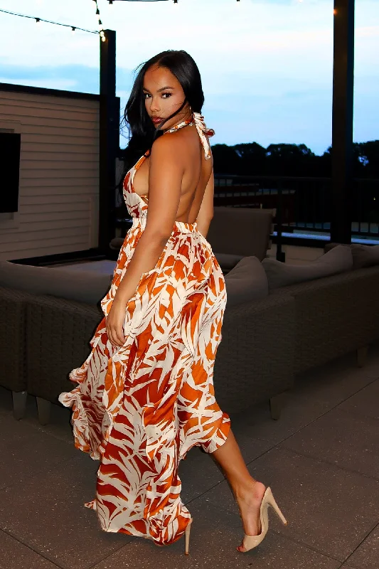 That Summer Satin Print Halter Ruffle Maxi Dress