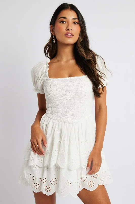 White Fit and Flare Dress Short Sleeve Embroidered