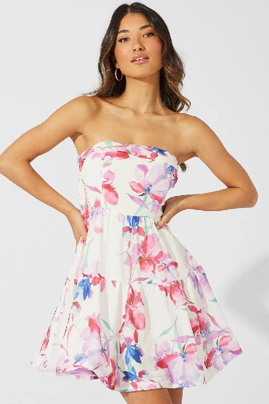 White Floral Fit and Flare Dress Boob Tube