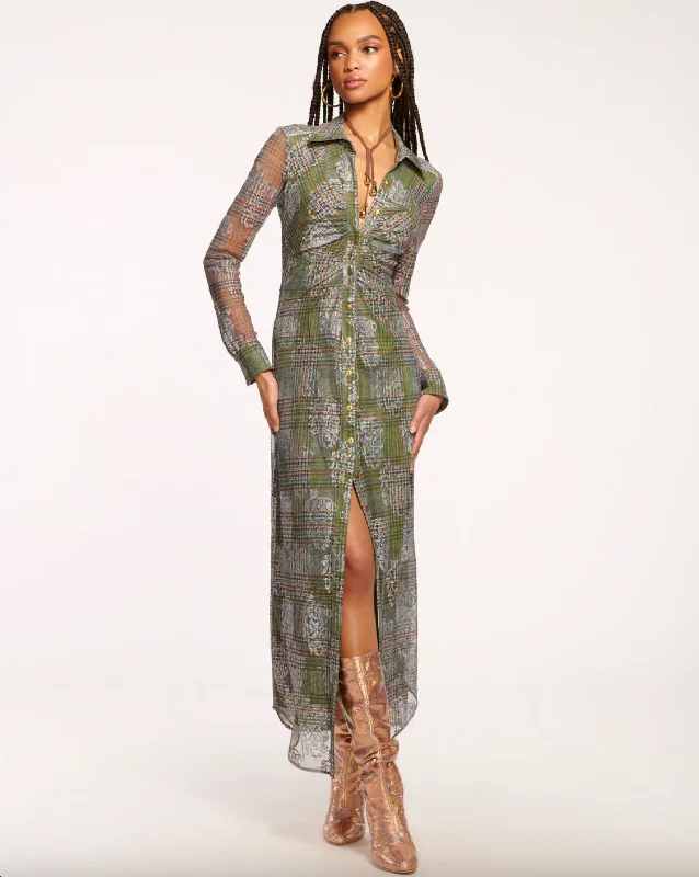 Wyatt Button Down Mesh Maxi Dress - Sage Tartan